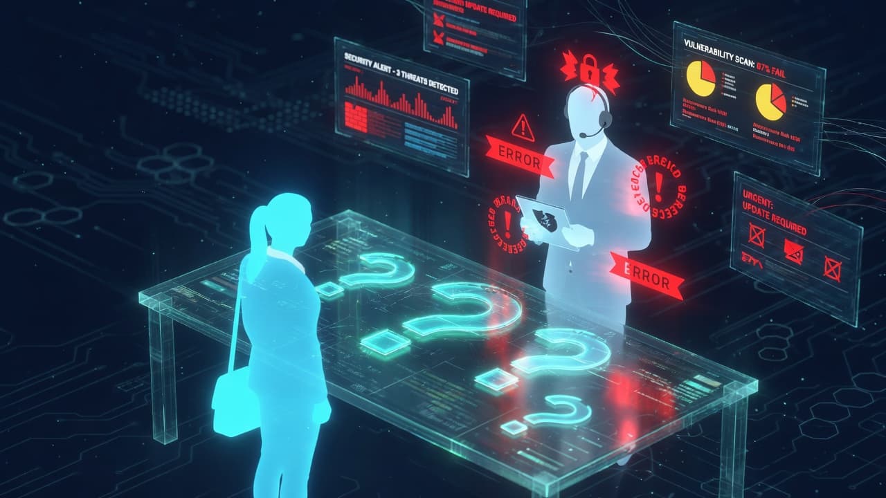 Small business owner in a meeting with their IT provider, reviewing what cybersecurity questions to ask