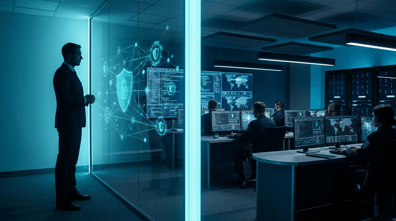 Split scene contrasting a strategic fractional CISO with a 24/7 MSSP security operations center