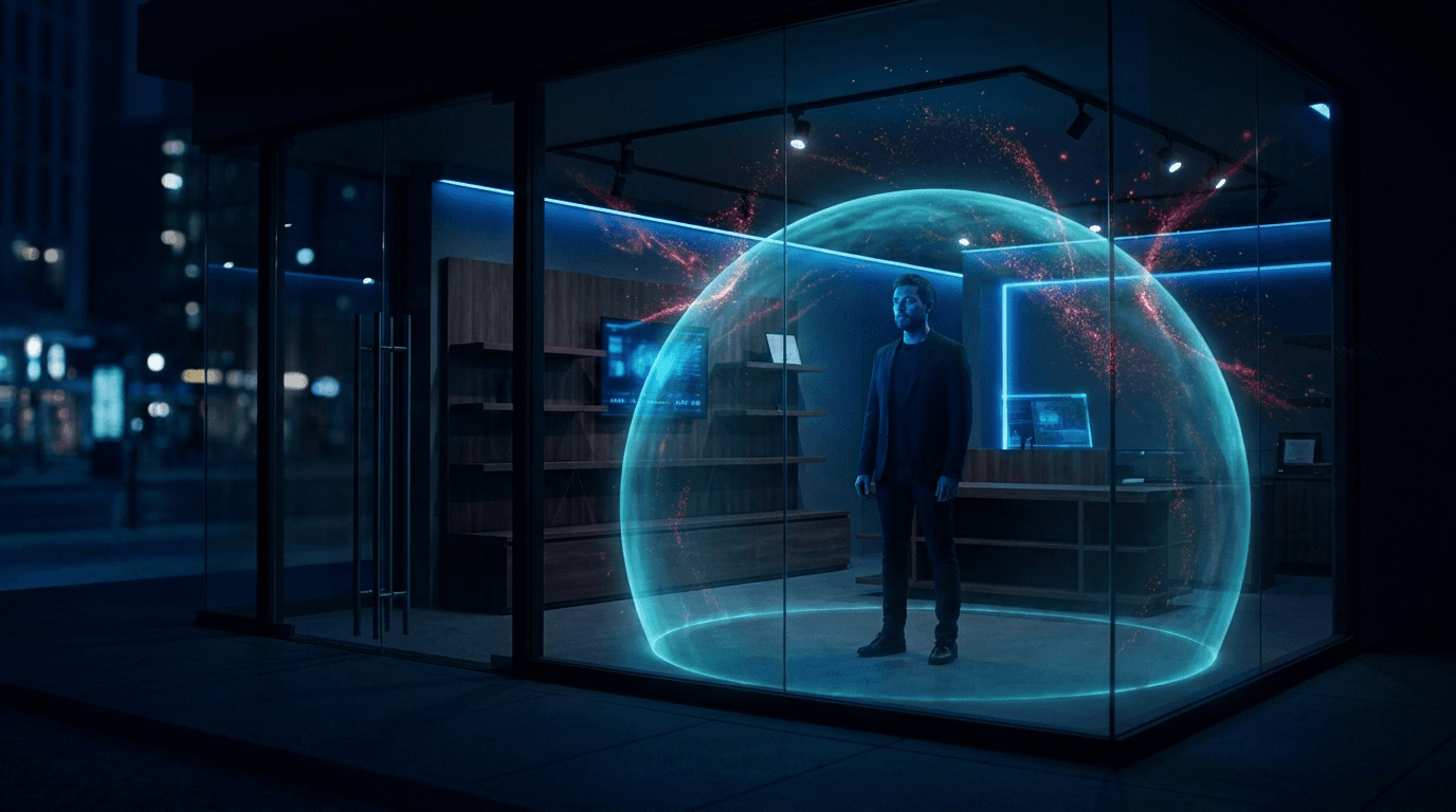 A small business protected by a glowing cyan cybersecurity shield dome at night
